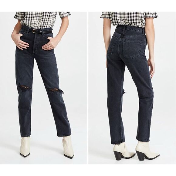 Agolde Jeans Womens 26 Black Fade High Rise Pinch Waist Straight 90s Button Fly - Picture 12 of 13